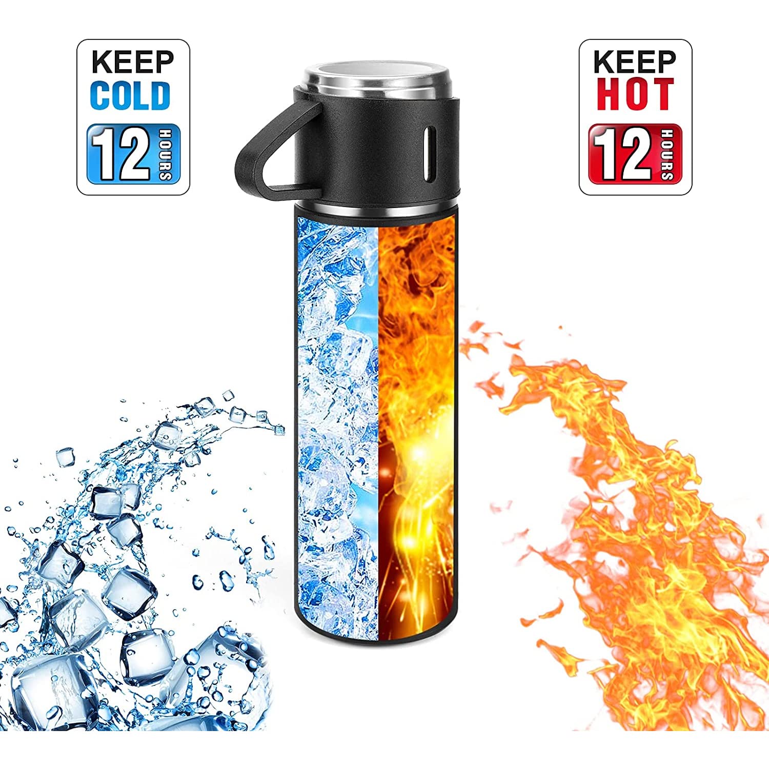 Vacuum Flask Set with 2 Cups, Double Wall Stainless Steel Thermo 500ml Vacuum Insulated Bottle Water Flask Set (Hot & Cold) (Multicolor) - Image 8