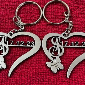 COUPLE INITIALS AND DATE IN HEART KEYCHAIN