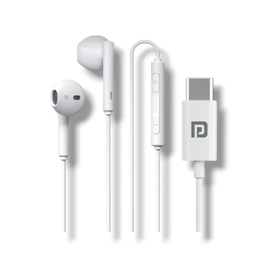 Portronics Conch Theta C in Ear Type C Wired Earphones with in Line HD Mic, Powerful Audio, 14.2mm Driver, Unique Earbuds Design, TPE Anti Tangle Wire, in line Controls, Wide Compatibility(White)