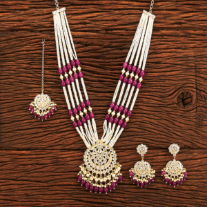 Kundan & Glass Pearl Beads Long Necklace with EarRings & Maag Tika - Wine Color - KJ