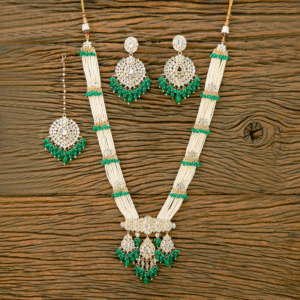 Kundan & Glass Pearl Beads Long Necklace with EarRings & Maag Tika - Bottle Green Color - KJ