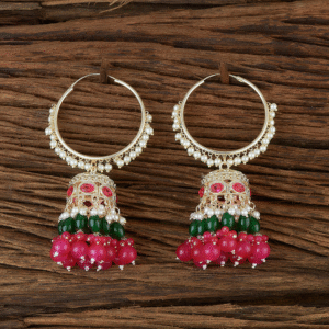 Ethnic Bali Jhumka Earring - Rani Pink & Bottle Green Beads - KJ107791
