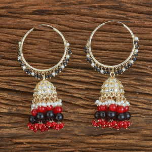 Ethnic Bali Jhumka Earring - Black & Red Beads - KJ107789