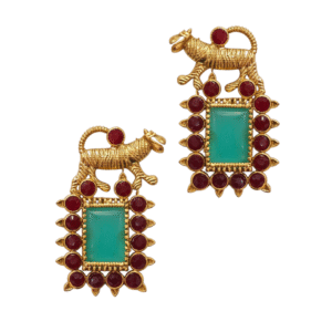 Turquoise (Firozi) & Maroon Ethnic Earring - Matte Gold Polish - Fusion Design