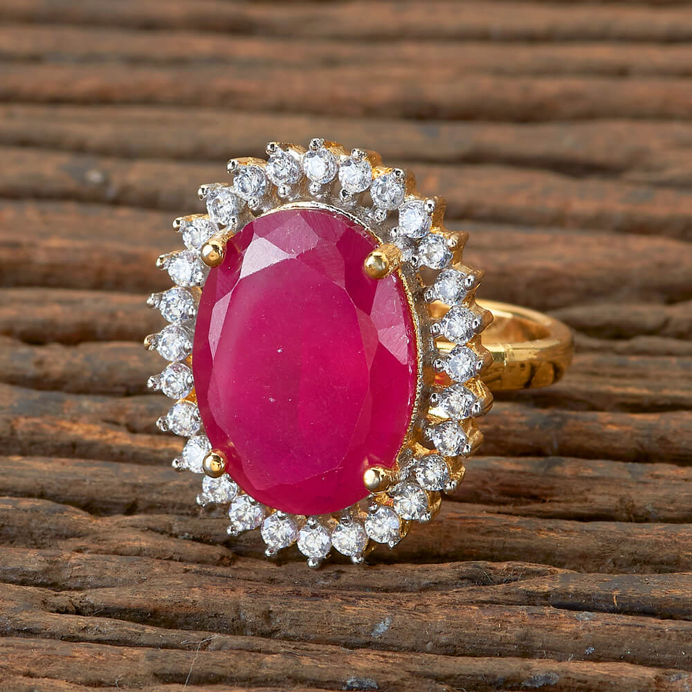 CZ Ladies Finger Ring with Signature Oval Shaped Ruby Colored American Diamond Stone - Adjustable Design Concept - Two Tone Polish - KJ108793