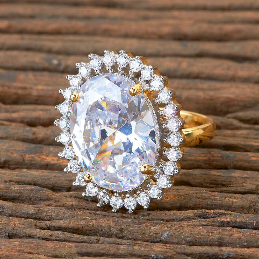 CZ Ladies Finger Ring with Signature Oval Shaped White American Diamond Stone - Adjustable Design Concept - Two Tone Polish - KJ108216