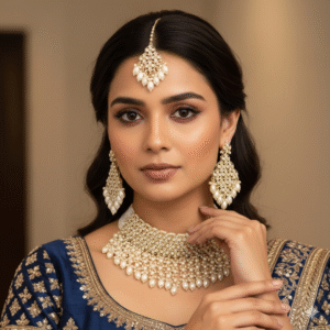 Kundan & Pearl Necklace with Matching EarRings & Maag Tika - Pearl White - KJ