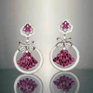 American Diamond Chandelier EarRings - Black Rhodium - Victorian Polish with Ruby Red Stones - KJ104086