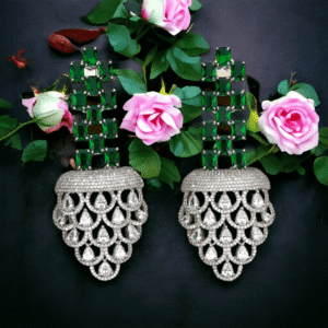 American Diamond Chandelier EarRings - Emerald Green Stone - Silver Rhodium Polish - KJ104090