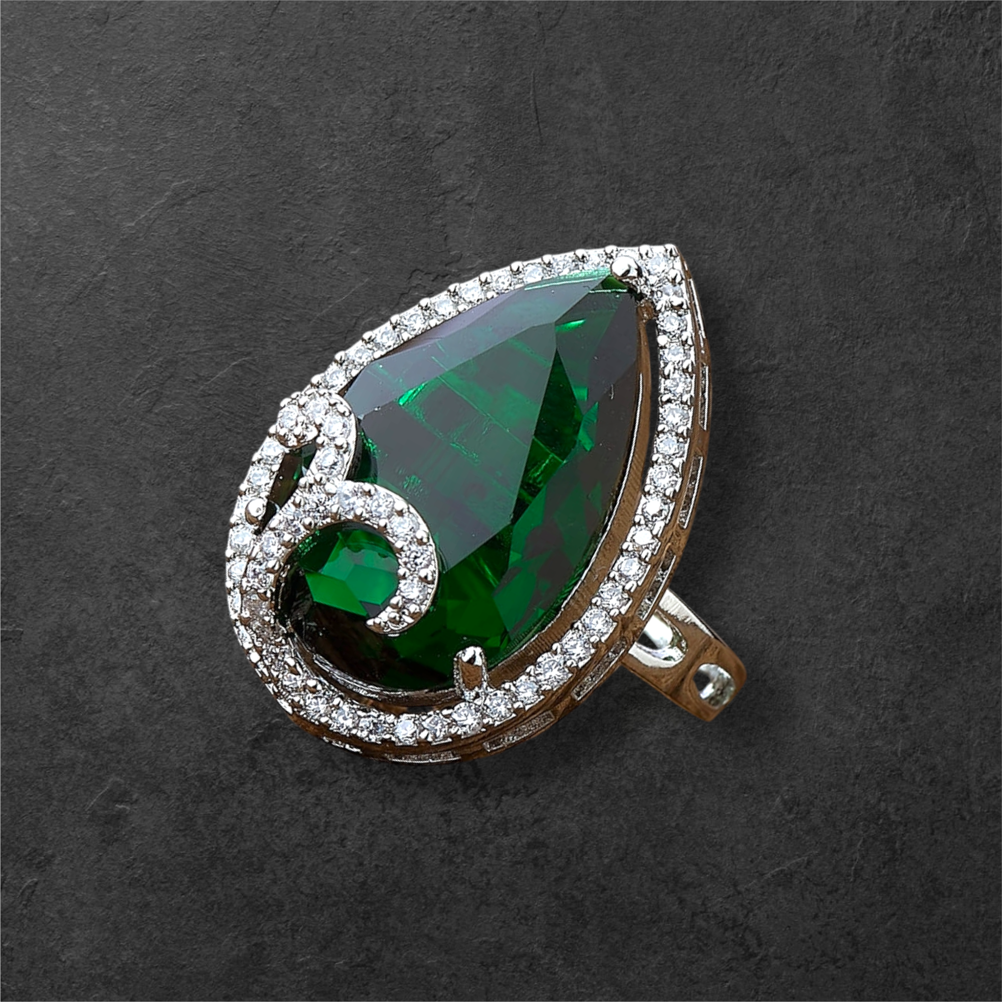 CZ Ladies Finger Ring with Signature Tear Drop Shaped Emerald Green Colored American Diamond Stone - Adjustable Design Concept - White Rhodium Polish - KJ