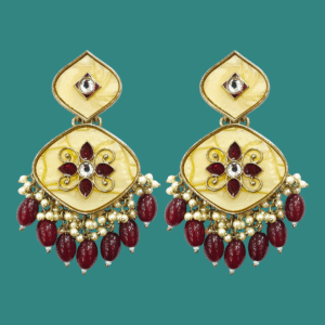 Ethnic Earrings - Acrylic MOP - Intricate Kundan Work - Maroon Beads with Pearls - KJ10777