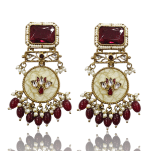 Ethnic Earrings - Acrylic MOP - Intricate Kundan Work - Maroon Beads with Pearls - KJ107782