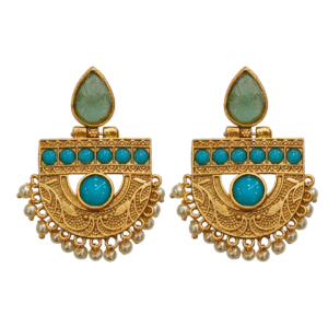 Turquoise (Firozi) Ethnic Earring - Matte Gold Polish - 106924