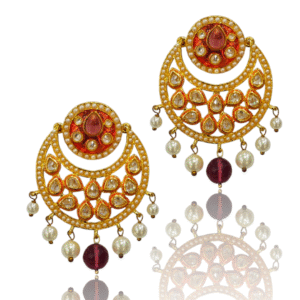 Orange Ethnic Earring - Enamel & Diamonds - Gold Polish - VD18070