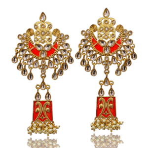 Orange Ethnic Earring - Kundan & Enamel - Gold Polish - VD67281