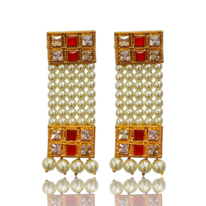 Orange Ethnic Earring - Pearl & Diamonds - Gold Polish - KJ16512