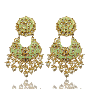 Statement Kundan Chaand Bali Earring - Mint (Pista) Green Enamel with Pearls - VD88891