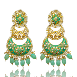 Statement Kundan Chaand Bali Earring - Mint (Pista) Green Enamel with Pearls - DC95385