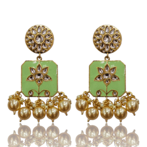 Intricate Enamel Earring - Mint (Pista) Green Enamel with Pearls - VD88852