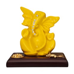 Small Ganesh Idol with Wooden Base - Show Piece - Religious Idol - Ideal for Car Dashboard