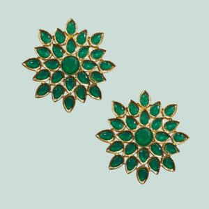 Ethnic Earring - Gold Polish Tops - Emerald / Bottle Green Color - KJ97312