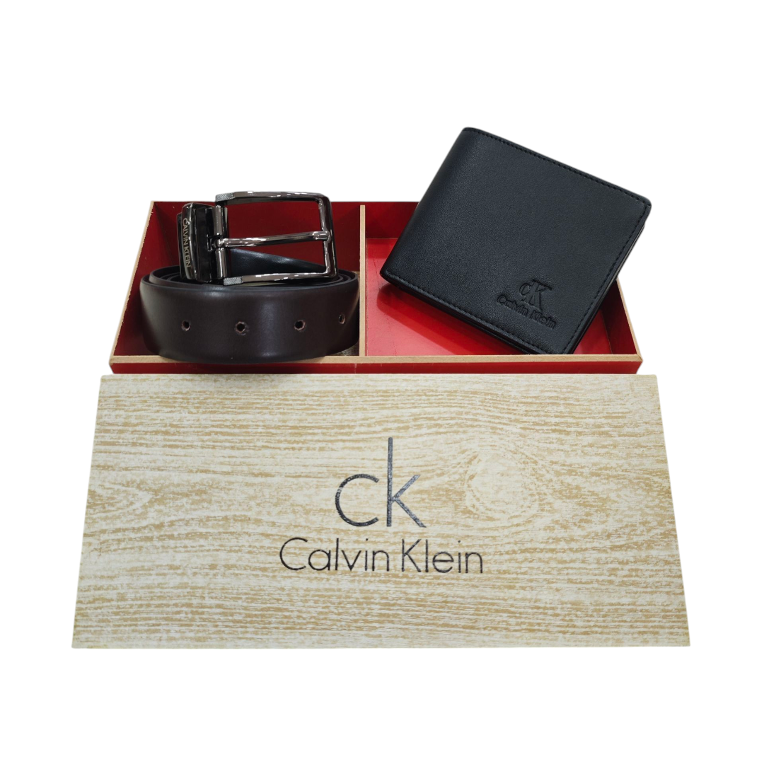 High Quality Mens Wallet & Reversible Buckle Mens Waist Belt Combo - Exclusive Wooden Box Gift Pack - CALVIN KLEIN - Black