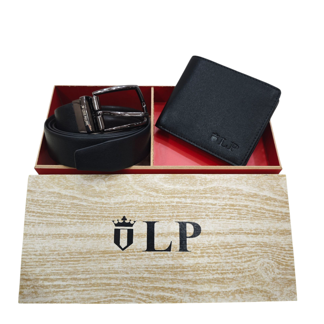 High Quality Mens Wallet & Reversible Buckle Mens Waist Belt Combo - Exclusive Wooden Box Gift Pack - LOUIS PHILIPPE - Black