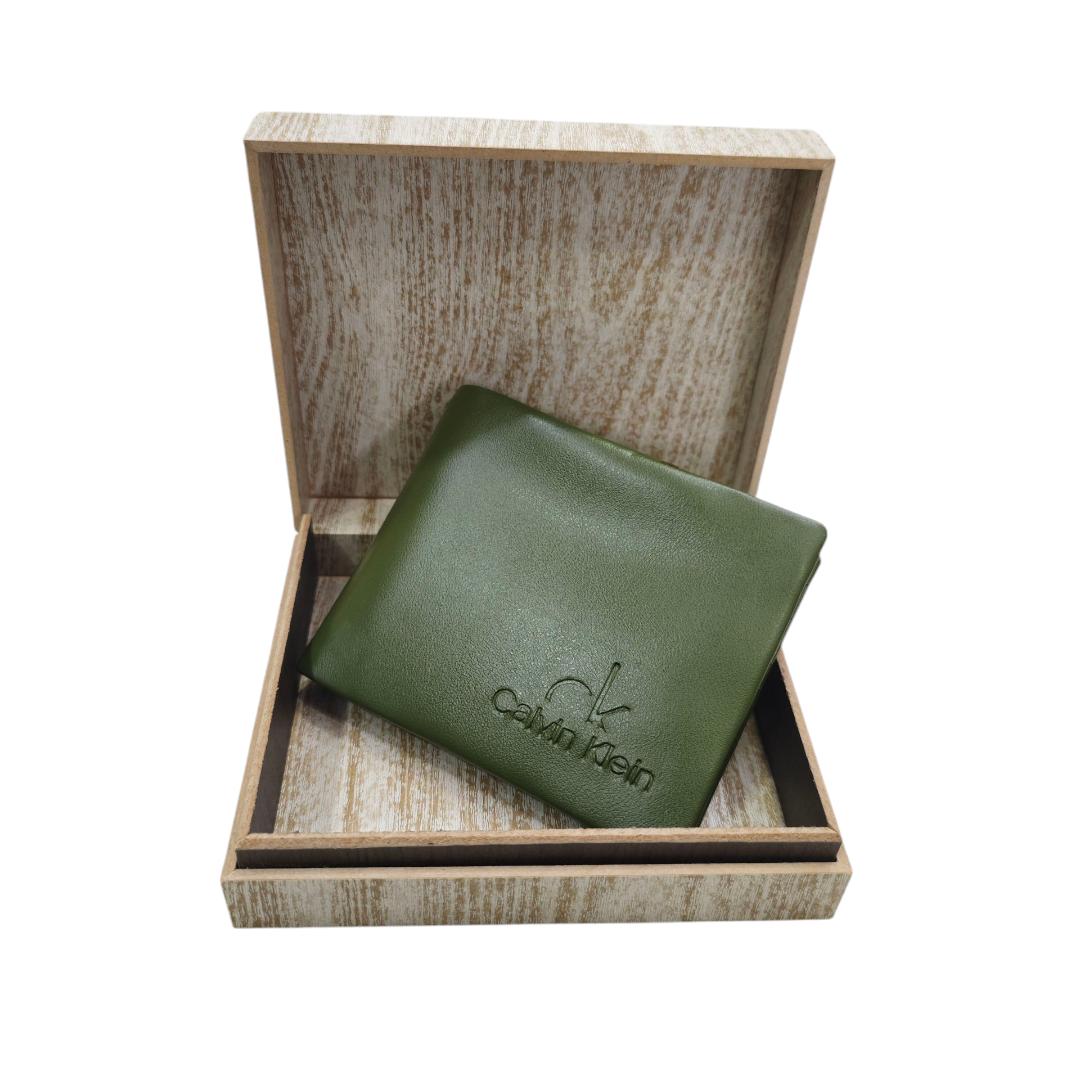 Mens Wallet - Wooden Box Packing - High Quality - Soft Vegan Leather Finish - CALVIN KLEIN - Military / Mehndi Green