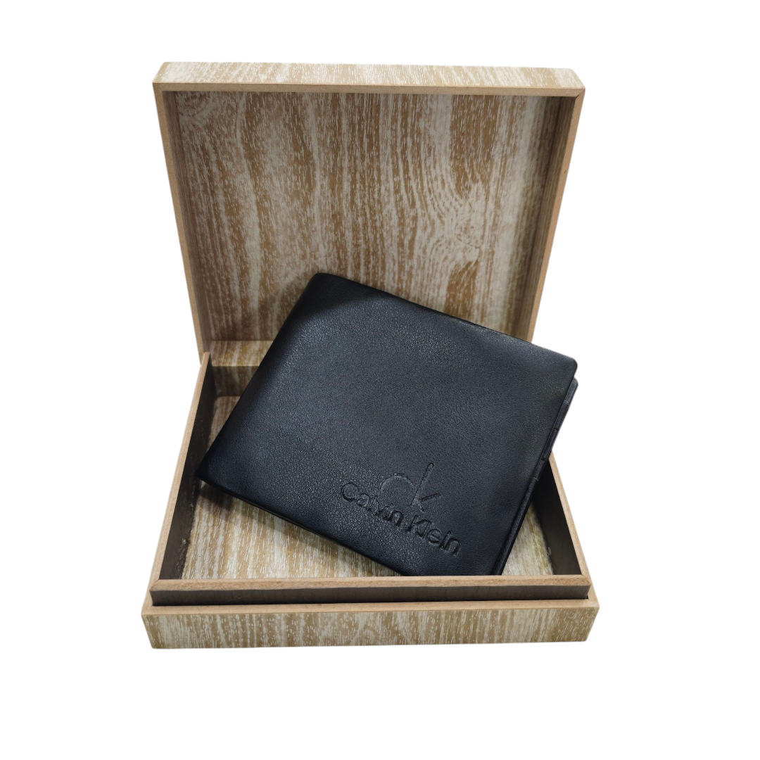Mens Wallet - Wooden Box Packing - High Quality - Soft Vegan Leather Finish - CALVIN KLEIN - Black