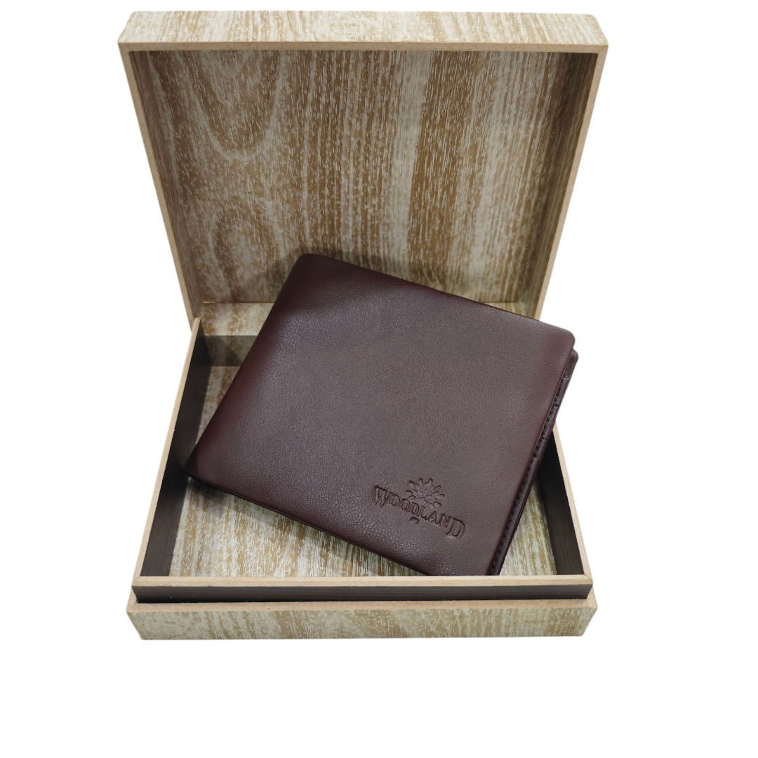 Mens Wallet - Wooden Box Packing - High Quality - Soft Vegan Leather Finish - WOODLAND - Dark Brown