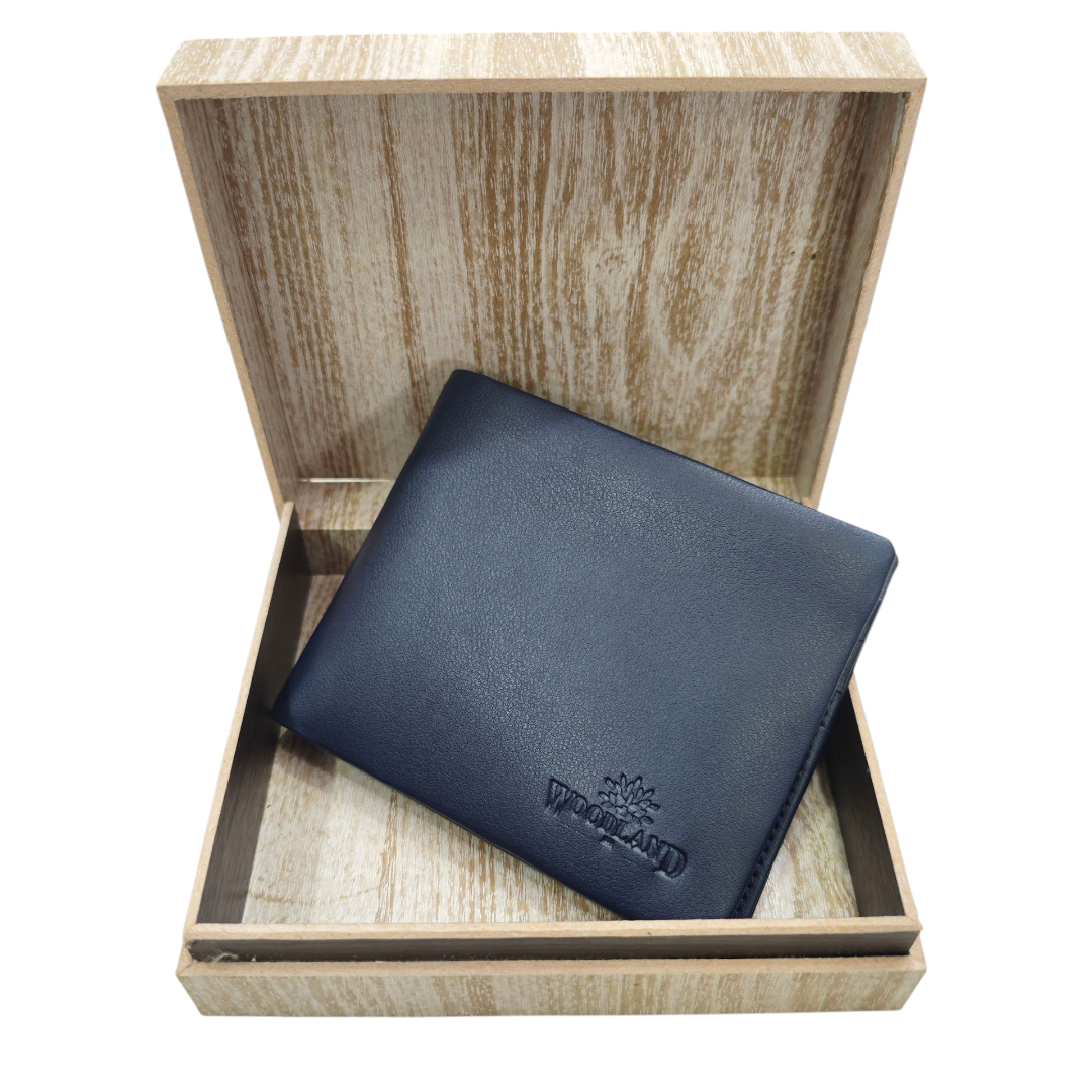 Mens Wallet - Wooden Box Packing - High Quality - Soft Vegan Leather Finish - WOODLAND - Navy Blue
