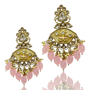 Pink Ethnic Earring - Kundan - Mehndi Gold Polish - Acrylic MOP - Baby Pink Beads - KJ107807