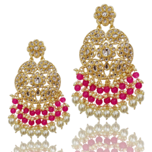 Rani Pink Ethnic Earring - Statement Kundan Chaand Bali - Gold Polish - KJ99775