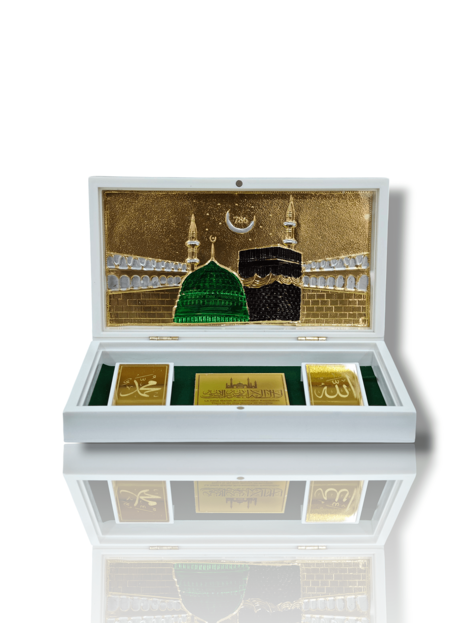 Devotional Prayer Box - Pooja/Mini Portable Mandir - Home Decor - Masjid e Nabawi & Holy Kaaba - Allah Mohammad