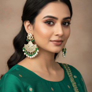 Green - Signature Kundan & Pearl with Bottle Green Chaand Bali Earring - KJ