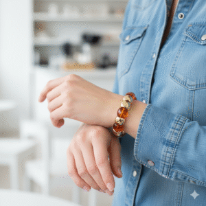 FJ Bracelet - Stretchable Design Concept - Brown PVC Beads & Golden Chrome Polish