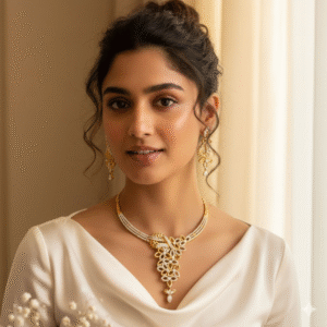 Two Tone American Diamond Necklace Set with Earrings - White Diamond -