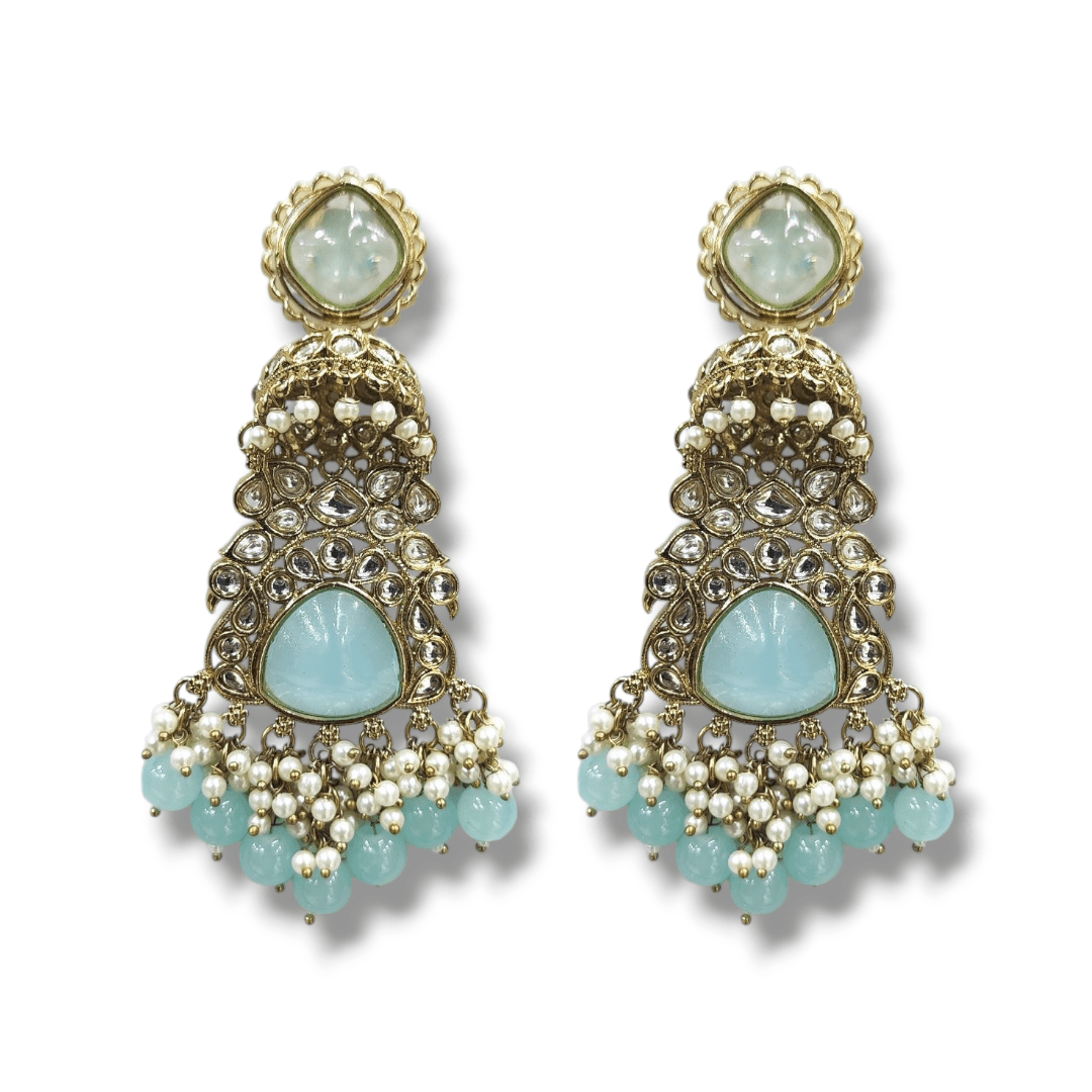 Turquoise / Firozi/ Pale Blue - Ethnic / Traditional Earring - Blend of Jhumka & Chaand Bali - Mehndi Gold Polish - KJ