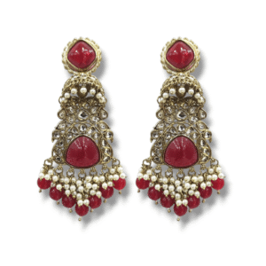Red - Ethnic/Traditional Earring - Blend of Jhumka & Chaand Bali - Mehndi Gold Polish - KJ