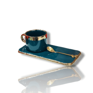 Ceramic Cup with Platter & Spoon - Rama Green (Teal) & Gold