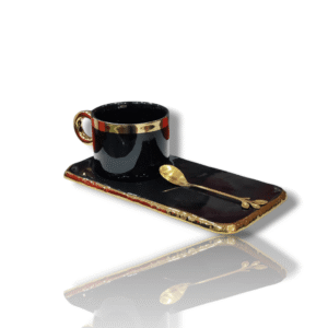 Ceramic Cup with Platter & Spoon - Black & Gold