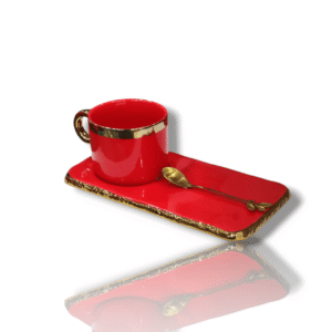 Ceramic Cup with Platter & Spoon - Red & Gold