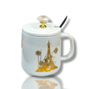 Eiffel Tower Printed - Paris Theme - White Ceramic Mug with Lid and Steel Spoon