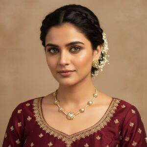 American Diamond & Kundan Necklace with Tops in Mehandi Gold Polish - RAMI OKP