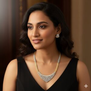 American Diamond Necklace with Earrings - Contemporary Design - Two Tone Polish - KJ