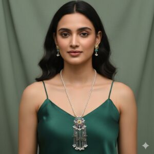 German Silver - Oxidised Necklace - Nav Ratna Multi Color Stones - Ghungroo Sound - Statement Piece with Earrings