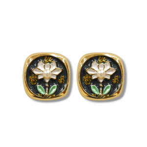 Black - Floral Design Enamel Fashion Tops with Pearl - Statement Earrings - KJ